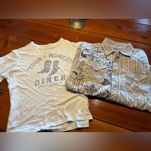 American Eagle Outfitters White Graphic Tee plus large pearl snap long sleeve